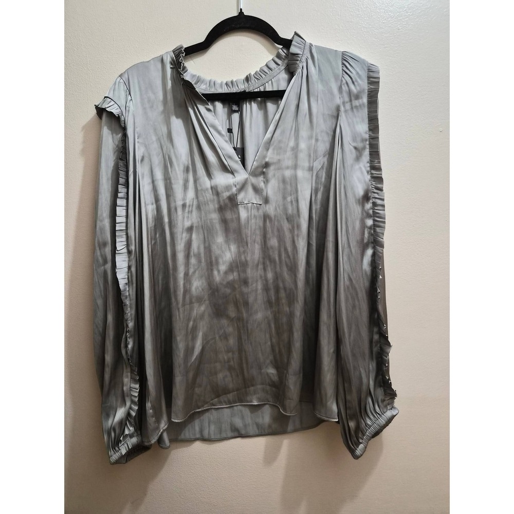 Current Air Los Angeles Sage Green Satin Ruffle V-Neck Long Sleeve Blouse NWT L